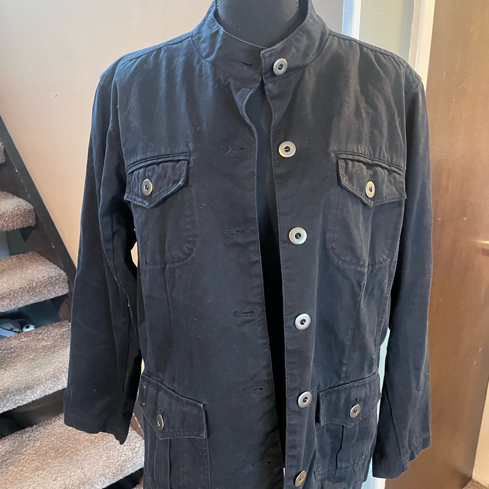 Chicos Denim Black Jacket Womans Sz 2 Large Mandarin Collar